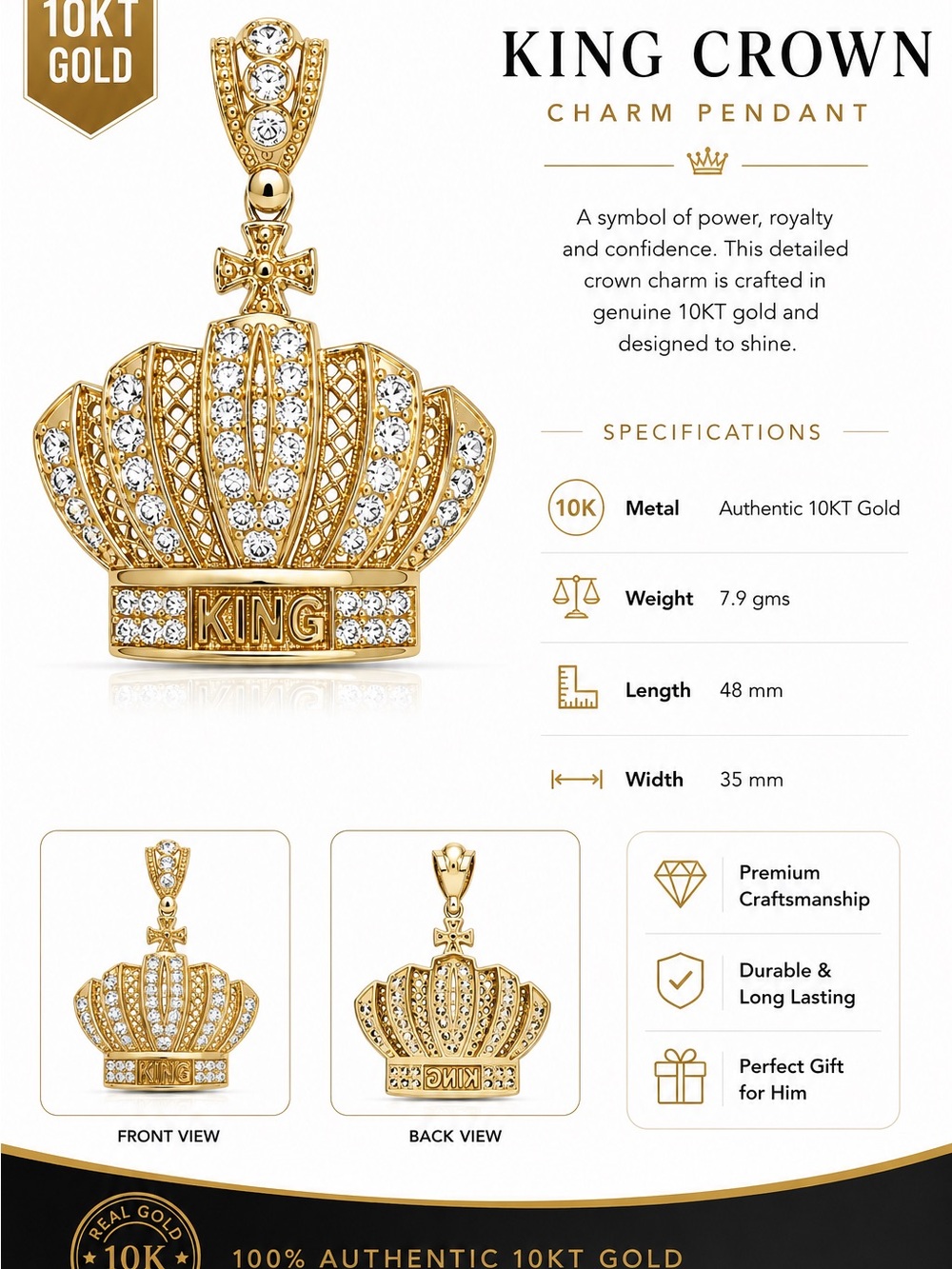 King Crown 10KT Gold Charm Pendant - Gold